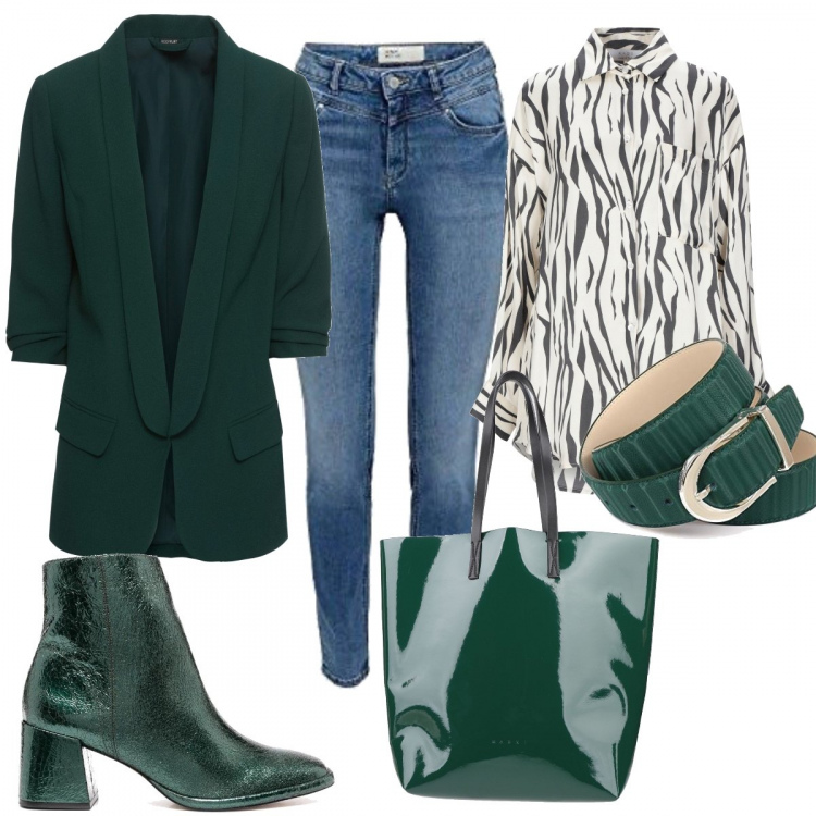 Outfit donna - Praticamente verde. Stile Trendy per Tutti i giorni. Abbinamento con blazer, camicie, borse a mano, stivaletti, jeans skinny, cinture.