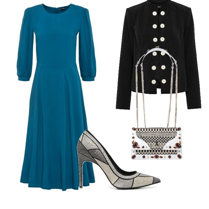 Outfit donna - Bon Ton #30087. Stile Bon Ton per Serata fuori. Abbinamento con borse a spalla, vestiti asimmetrici, blazer, décolleté.