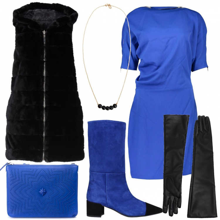 Outfit donna - Blu elettrico. Stile Trendy per Serata fuori. Abbinamento con ecopellicce, stivali, collane, guanti, vestiti corti, borse a spalla.