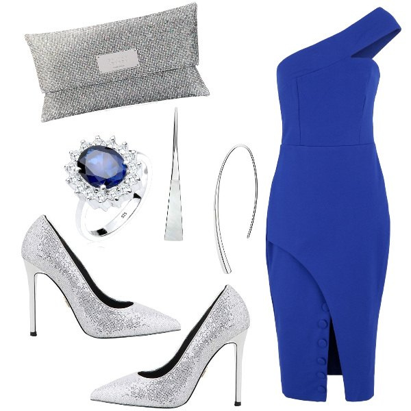 Outfit donna - Sexy #9155. Stile Sexy per Serata fuori. Abbinamento con vestiti midi/longuette, clutch, scarpe col tacco, anelli, orecchini.