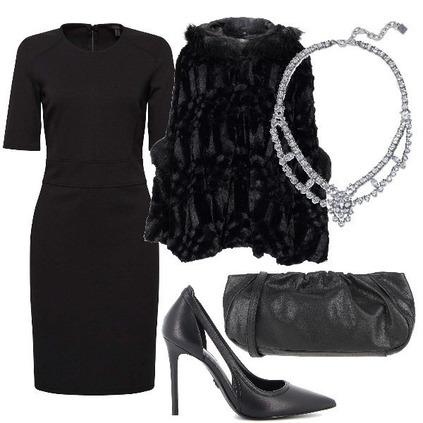 Outfit donna - Chic #39220. Stile Chic per Serata fuori. Abbinamento con ecopellicce, collane, borse a mano, vestiti a tubino, décolleté.