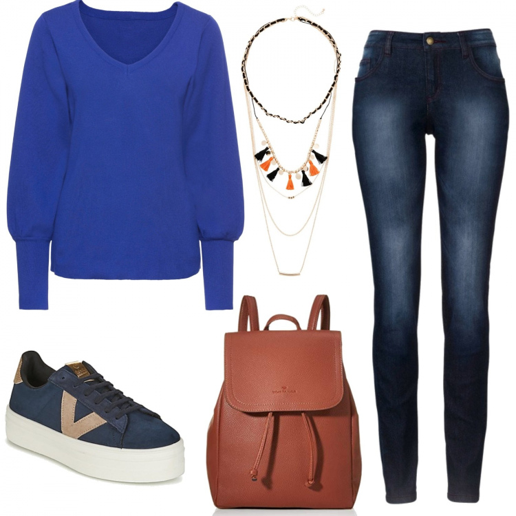 Outfit donna - Maglione blu elettrico. Stile Trendy per Scuola/Università. Abbinamento con maglieria, jeans skinny, vestiti lunghi, sneakers, zaini.