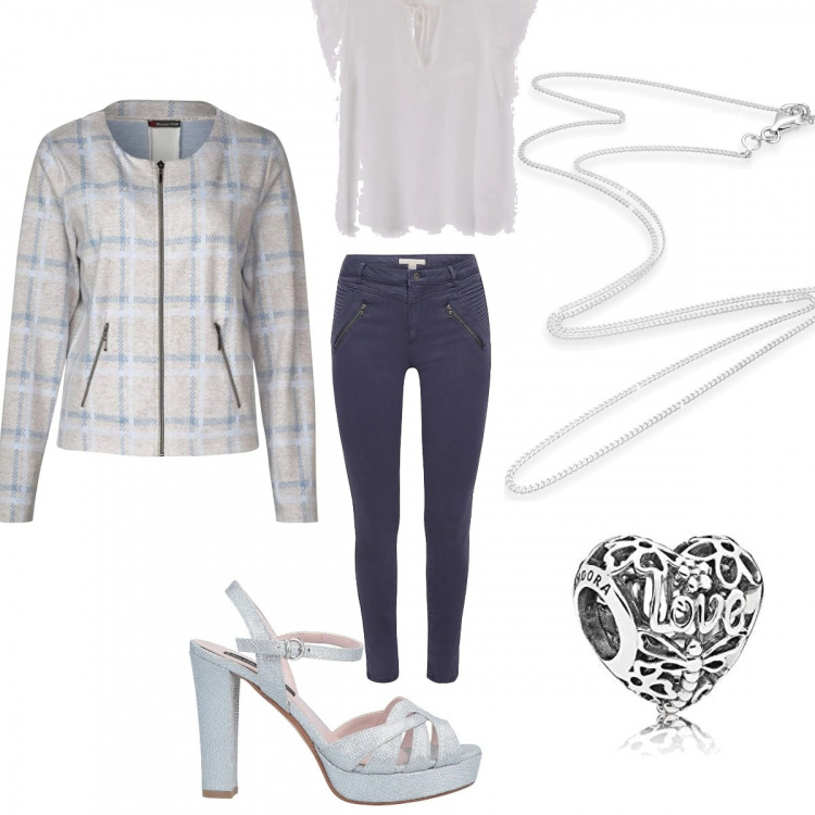 Outfit donna - Midseason Finale. Stile Trendy per Serata fuori. Abbinamento con sandali col tacco, camicie a manica corta, collane, ciondoli, cardigans, pantaloni.