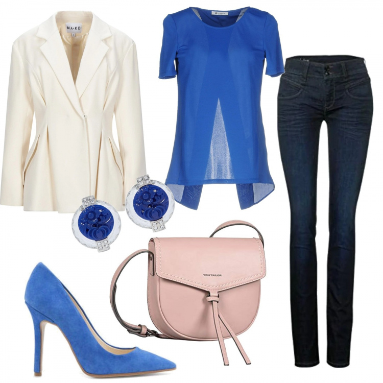 Outfit mujer - Azul real. Estilo Bon Ton para Todos los días. Combinación con vaqueros, bandoleras, zapatos de tacón, blusas, blazers, pendientes.