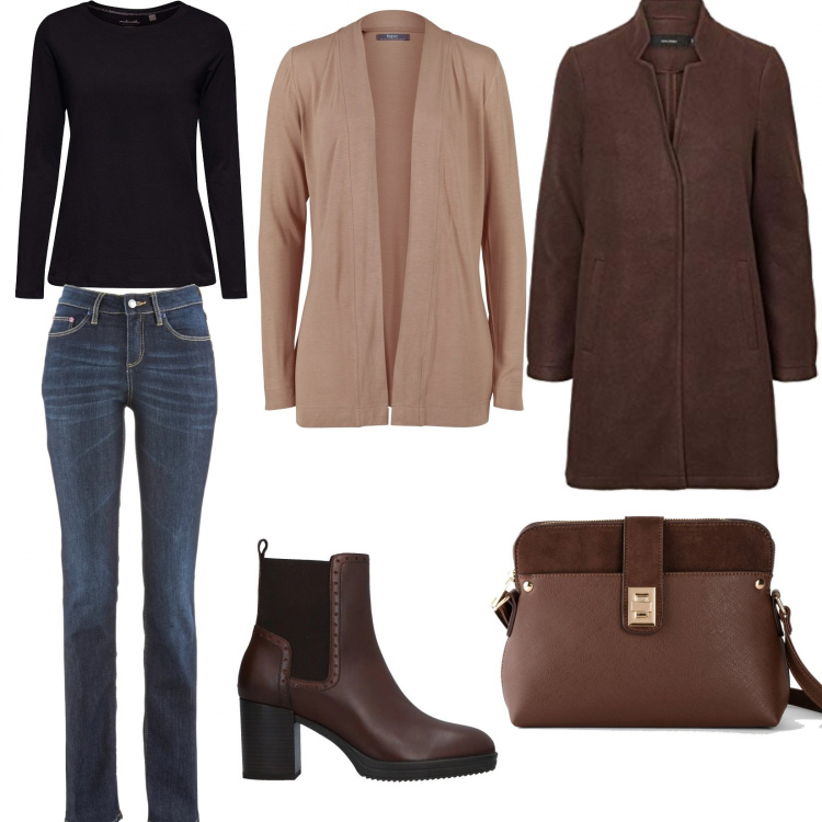 Outfit donna - Trendy #72680. Stile Trendy per Tutti i giorni. Abbinamento con jeans dritti, cardigans, borse a tracolla, stivaletti chelsea, blazer, pullovers.