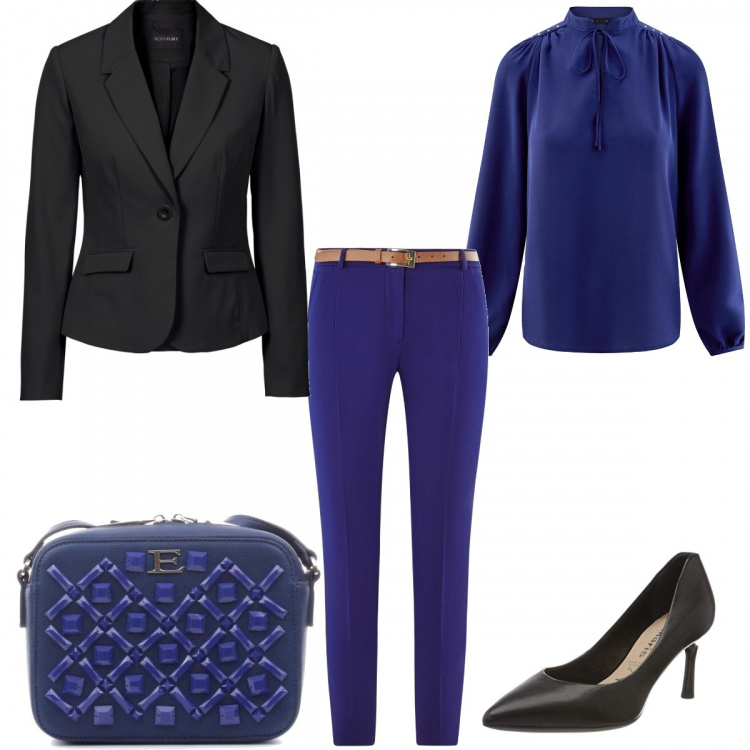 Outfit donna - #Mi vesto bene con poco #blu elettrico. Stile Bon Ton per Ufficio. Abbinamento con blazer, borse a tracolla, pantaloni, camicie, scarpe col tacco.