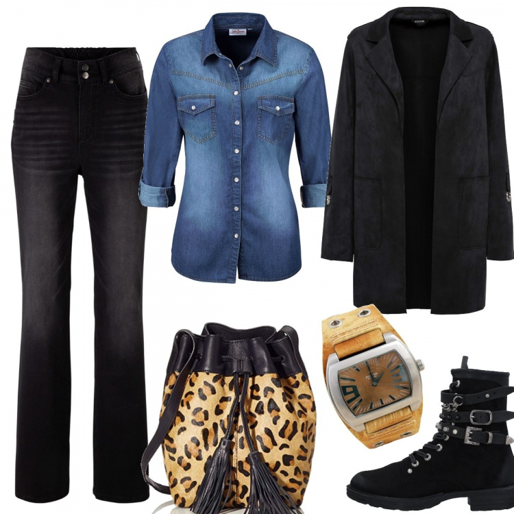 Outfit donna - Camicia jeans e blazer. Stile Urban per Tutti i giorni. Abbinamento con camicie, jeans bootcut, blazer, stivaletti, borse a spalla, orologi.