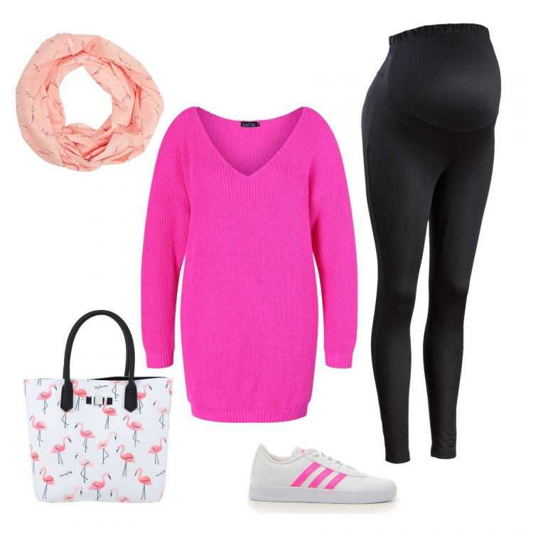 Outfit donna - Non premaman ma curvy. Stile Urban per Tutti i giorni. Abbinamento con leggings, borse a mano, pullovers, sciarpe, sneakers.