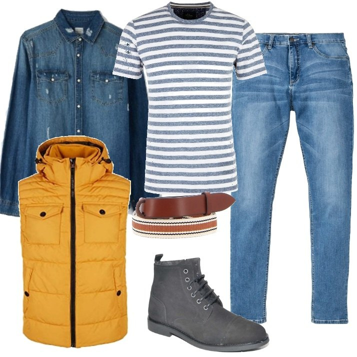 Outfit uomo - Oggi praticità con un pizzico di colore. Stile Casual per Tutti i giorni. Abbinamento con jeans, camicie, anfibi, t-shirt, cinture, gilet.