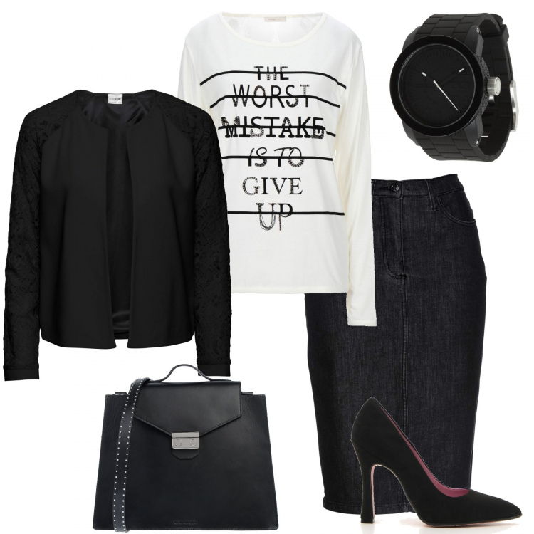 Outfit donna - Gonna longuette nera.. Stile Trendy per Tutti i giorni. Abbinamento con blazer, gonne, borse a mano, t-shirt, orologi analogici, décolleté.