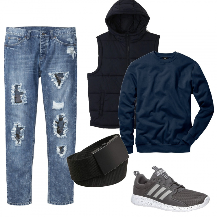 Outfit uomo - Jeans e smanicato. Stile Urban per Tutti i giorni. Abbinamento con felpe, jeans strappati, piumini, sneakers, cinture.