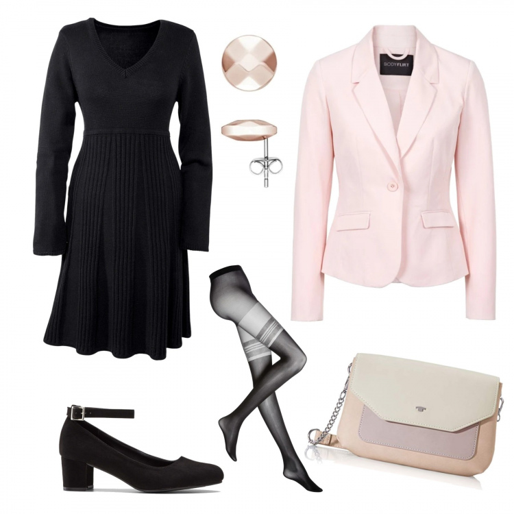 Outfit donna - In ufficio con vestito e giacca. Stile Bon Ton per Ufficio. Abbinamento con vestiti, blazer, collant, décolleté, orecchini, borse a tracolla.