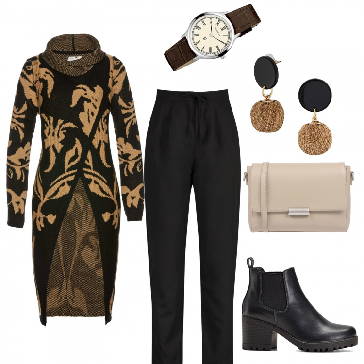 Outfit donna - Bellissima... Stile Chic per Tutti i giorni. Abbinamento con stivaletti chelsea, orecchini, cardigans, borse a tracolla, pantaloni a palazzo, orologi analogici.