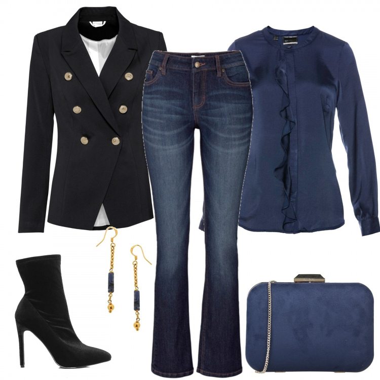 Outfit donna - Consigli di stile Bantoa. Stile Basic per Tutti i giorni. Abbinamento con jeans bootcut, camicie, blazer, borse a mano, stivali, orecchini.