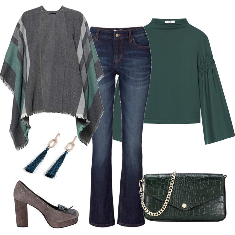 Outfit donna - Consigli di stile inverno Bantoa. Stile Trendy per Tutti i giorni. Abbinamento con jeans bootcut, orecchini, borse a tracolla, décolleté, pullovers, cappotti.