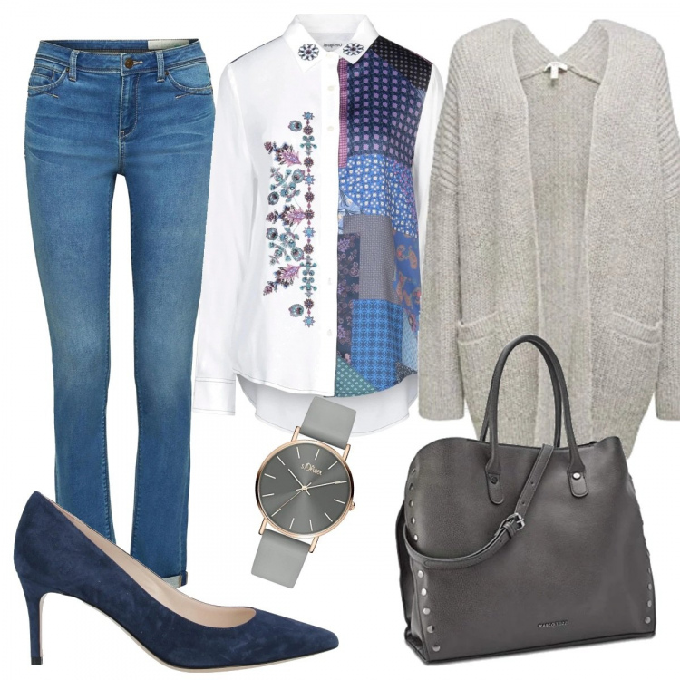 Outfit mujer - Cárdigan Chic. Estilo Urban para Todos los días. Combinación con cárdigans, vaqueros, bolsos de mano, relojes analógicos, camisas, salones.