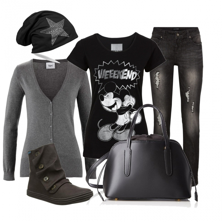 Outfit donna - Urban #26980. Stile Urban per Tutti i giorni. Abbinamento con t-shirt, cardigans, jeans strappati, stivaletti, borse a mano, berretti.