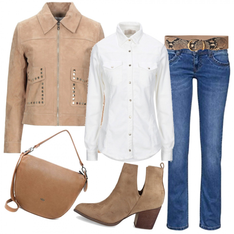 Outfit mujer - Trendy #72766. Estilo Trendy para Todos los días. Combinación con vaqueros rectos, bandoleras, botines, camisas, cinturones, abrigos.