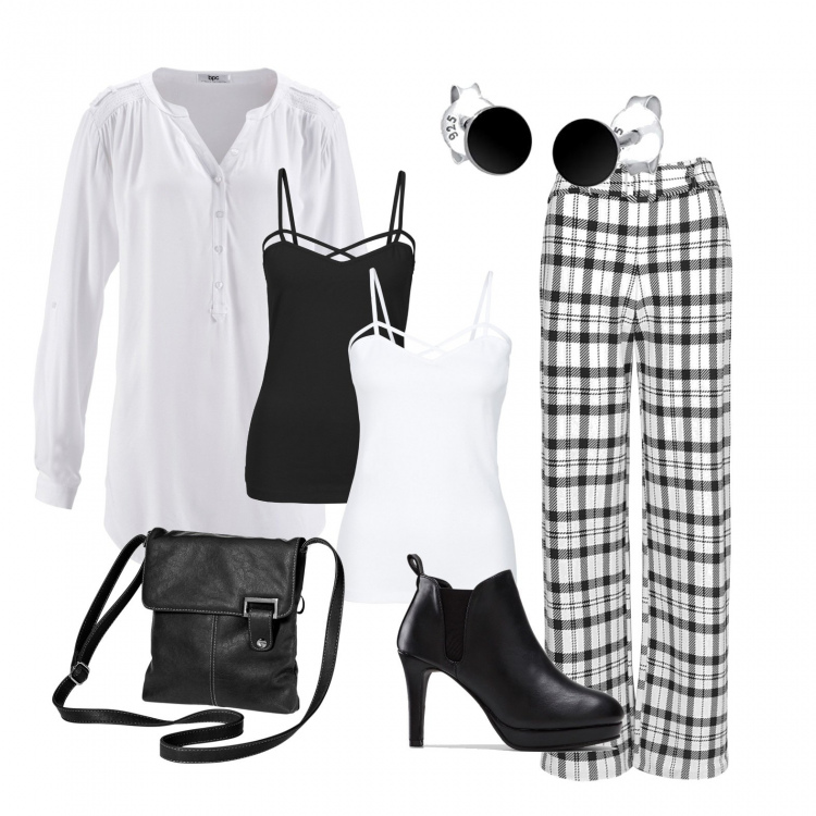 Outfit donna - Trendy #72767. Stile Trendy per Tutti i giorni. Abbinamento con tuniche, top, sandali col tacco, stivaletti, pantaloni a palazzo, orecchini.