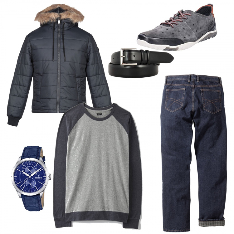 Outfit uomo - Un giro in centro. Stile Casual per Tutti i giorni. Abbinamento con jeans dritti, piumini, t-shirt, orologi, cinture, sneakers.