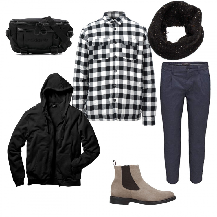 Outfit uomo - Serata aperitivo. Stile Urban per Tutti i giorni. Abbinamento con felpe con cappuccio, stivali e stivaletti, cappotti, sciarpe, borse sportive, pantaloni.