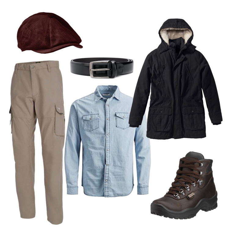 Outfit uomo - Must autunno. Stile Casual per Tutti i giorni. Abbinamento con parka, pantaloni cargo, cinture, cappelli, camicie, stivali e stivaletti.