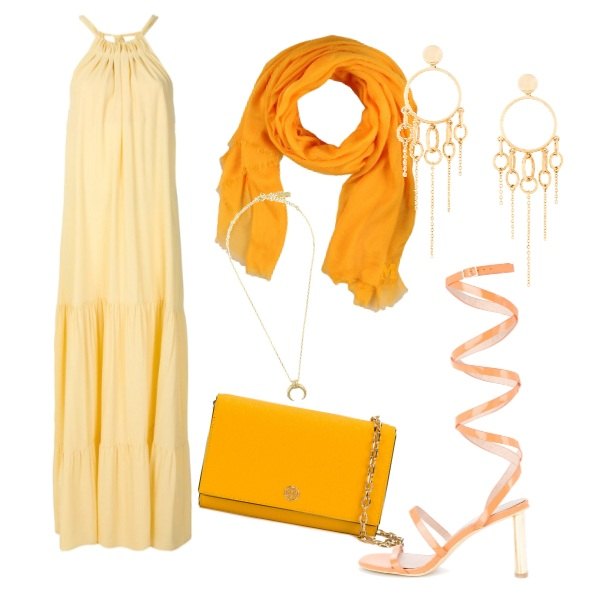 Outfit donna - Martell style. Stile Chic per Cerimonia. Abbinamento con sandali arancione, charm con cerchi arancione.