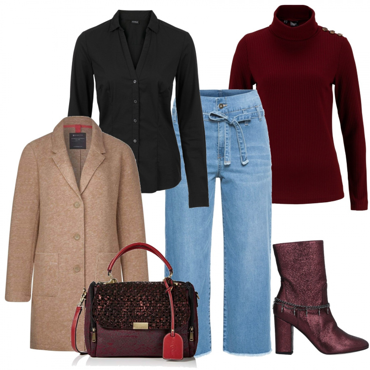 Outfit donna - Chic outfit #3. Stile Chic per Tutti i giorni. Abbinamento con camicie, pullovers, jeans, stivaletti, cappotti, borse a mano.
