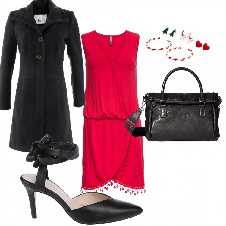 Outfit donna - Atmosfera natalizia. Stile Trendy per Serata fuori. Abbinamento con décolleté, costumi interi, cappotti, vestiti, borse a mano.