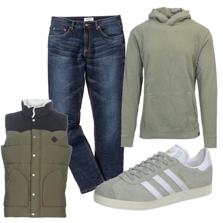 Outfit uomo - Urban #9960. Stile Urban per Tutti i giorni. Abbinamento con jeans slim fit, felpe, sneakers, piumini.