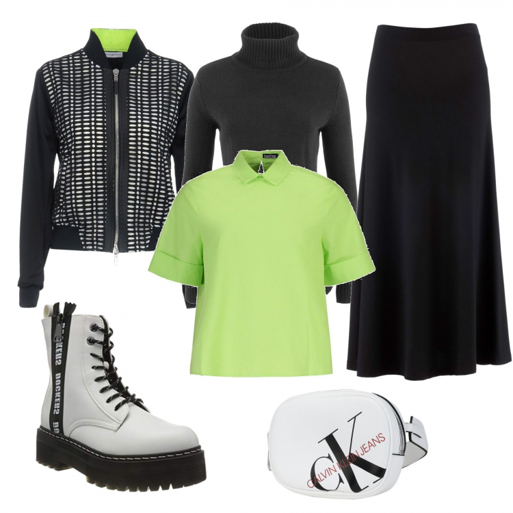 Outfit donna - Gonna , boots e marsupio. Stile Trendy per Tutti i giorni. Abbinamento con maglieria, gonne, zaini, cappotti, camicie, stivali.