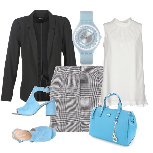 Outfit donna - In ufficio un tocco di azzurro. Stile Bon Ton per Ufficio. look ideale per Petite. Abbinamento con sandali effetto scamosciato con tacco geometrico e cinturino con punta tonda tinta unita.