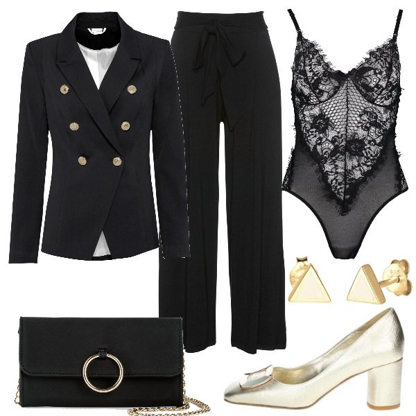 Outfit donna - Chic #39429. Stile Chic per Serata fuori. Abbinamento con cappotti, pantaloni culotte, blazer, top, décolleté, orecchini.