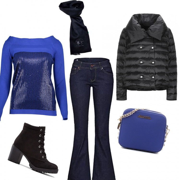 Outfit donna - True blue... Stile Basic per Tutti i giorni. Abbinamento con stivaletti, piumini, maglioni, borse a tracolla, sciarpe, jeans a zampa.