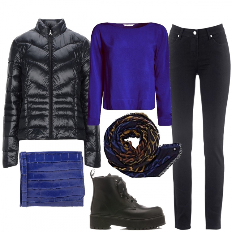 Outfit donna - Colpo d’occhio sul blu elettrico. Stile Basic per Tutti i giorni. Abbinamento con jeans dritti, piumini, borse a tracolla, anfibi, camicie, sciarpe.