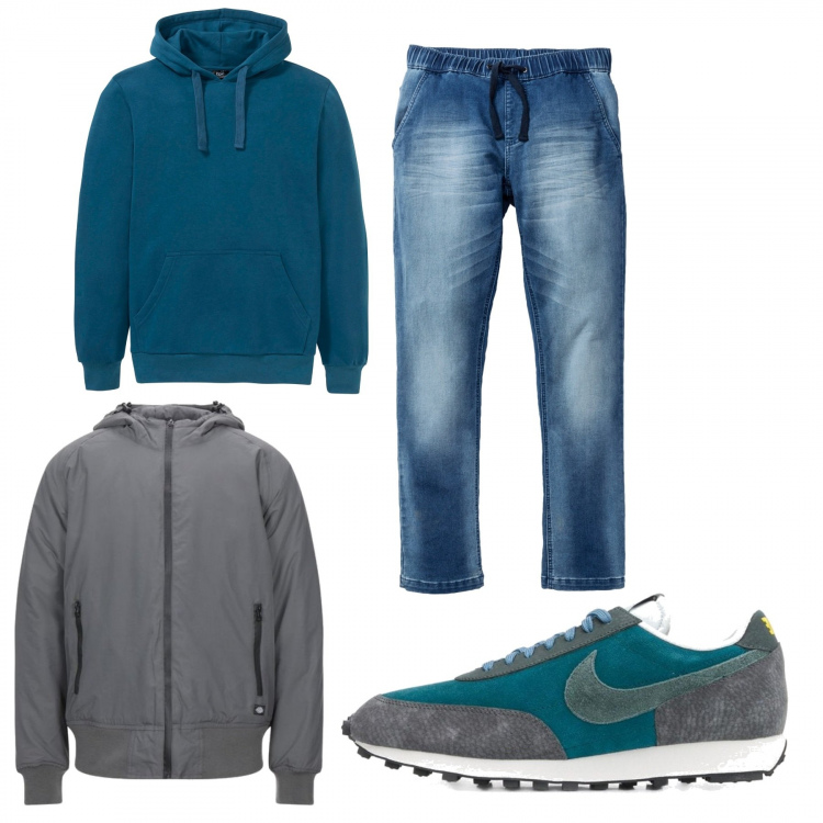 Outfit uomo - Felpa ottanio. Stile Urban per Tutti i giorni. Abbinamento con felpe con cappuccio, jeans slim fit, cappotti, sneakers.