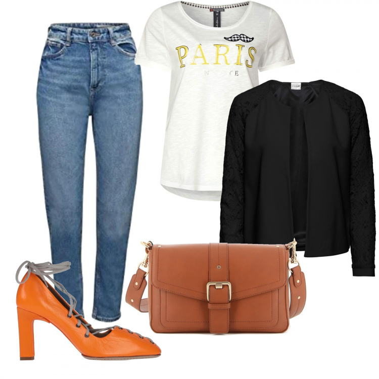 Outfit donna - Basic #40118. Stile Basic per Tutti i giorni. Abbinamento con blazer, décolleté, jeans, t-shirt, borse a spalla.