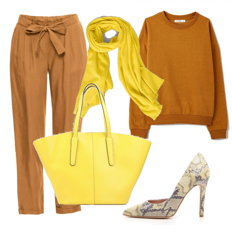 Outfit donna - Trendy #73015. Stile Trendy per Tutti i giorni. Abbinamento con borse a mano, shopping bag, felpe con cappuccio, sciarpe, décolleté.