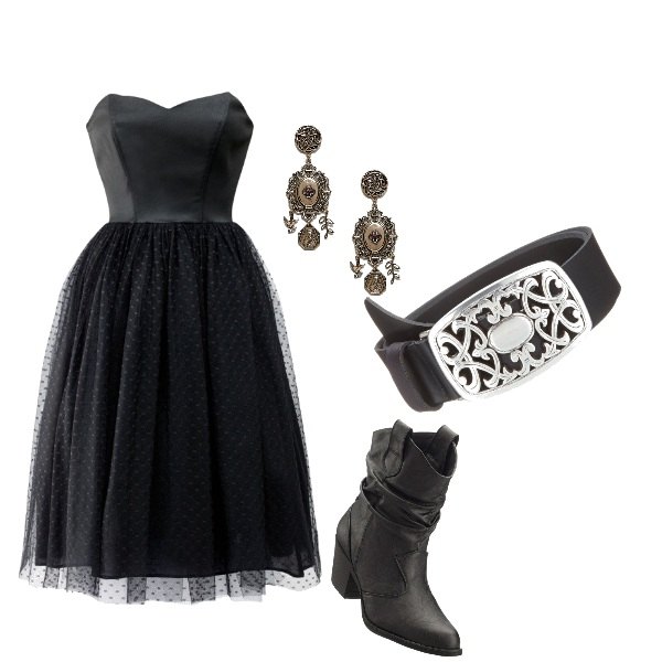 Outfit donna - Pronta per ballare tutta la notte. Stile Rock per Serata fuori. Abbinamento con stivaletti texani, vestito, orecchini pendenti oro.