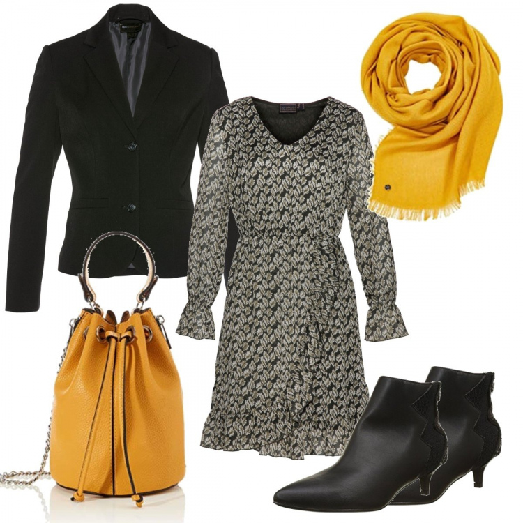 Outfit donna - Blazer e fantasia. Stile Trendy per Tutti i giorni. Abbinamento con vestiti, blazer, borse a mano, stivali, sciarpe.