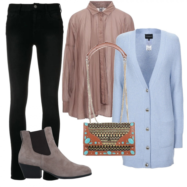 Outfit donna - Bon Ton #30268. Stile Bon Ton per Tutti i giorni. Abbinamento con stivaletti chelsea, cardigans, camicie, borse a spalla, jeans skinny.