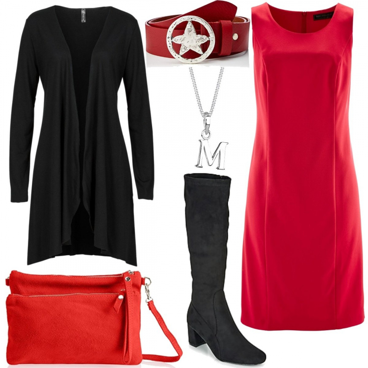Outfit donna - Curvy sexy rosso e nero. Stile Sexy per Serata fuori. Abbinamento con cardigans, vestiti a tubino, stivali, borse a spalla, cinture, collane.