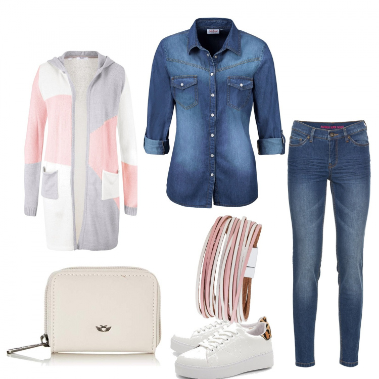Outfit donna - Total look #756910. Abbinamento con jeans skinny, cardigans, camicie, braccialetti, sneakers, portafogli.