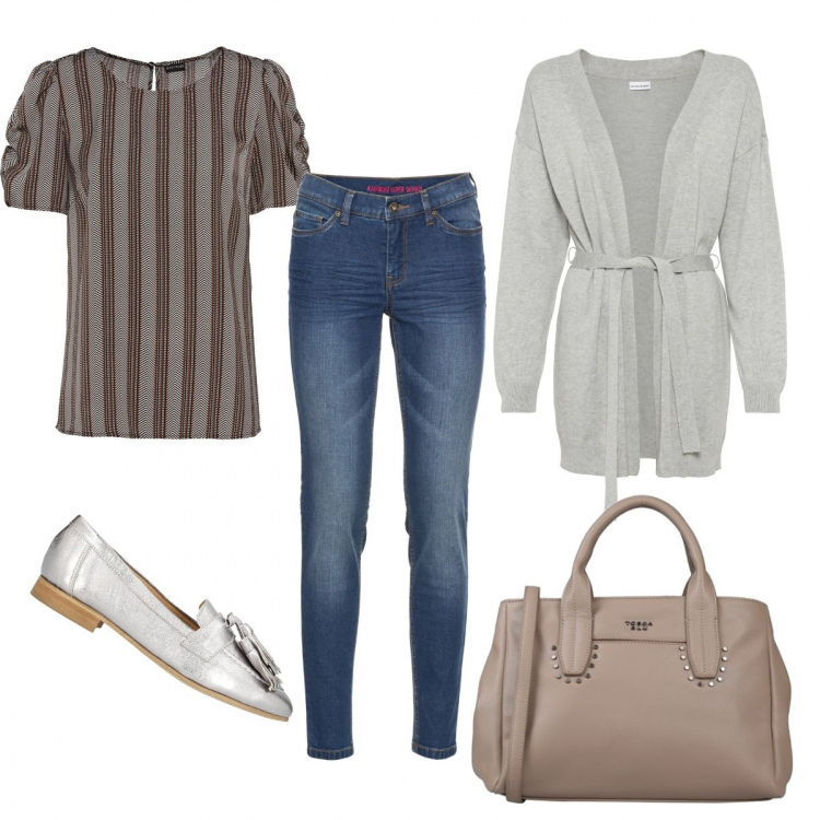Outfit donna - Grigio e beige. Stile Basic per Tutti i giorni. Abbinamento con jeans skinny, cardigans, bluse, borse a mano, mocassini.