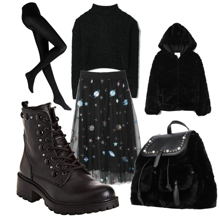 Outfit donna - Space Oddity. Stile Rock per Scuola/Università. Abbinamento con collant, gonne longuette, zaini, ecopellicce, pullovers, anfibi.