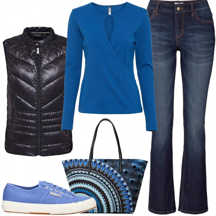 Outfit donna - Vado a fare la spesa. Stile Basic per Tutti i giorni. Abbinamento con jeans bootcut, pullovers, sneakers, gilet, borse a spalla.