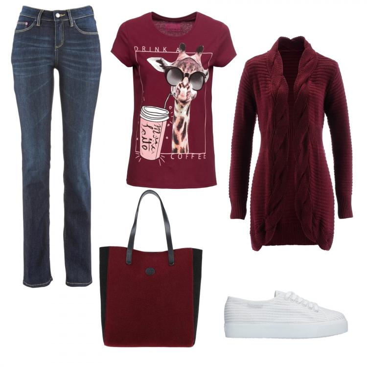 Outfit donna - Rosso scuro. Stile Basic per Tutti i giorni. Abbinamento con jeans dritti, cardigans, t-shirt, borse a mano, sneakers.