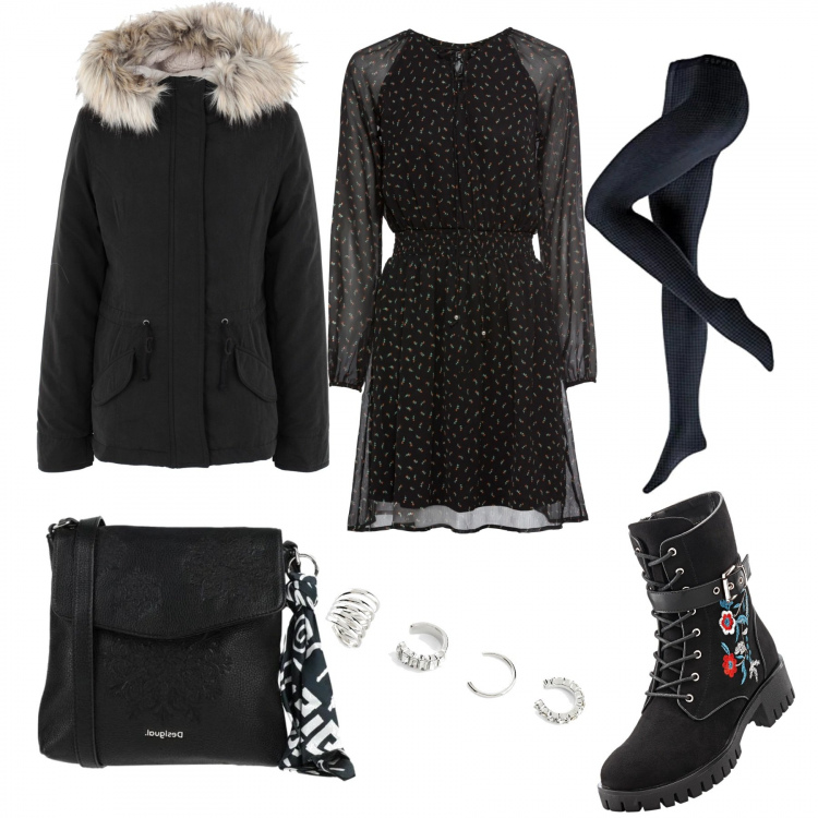 Outfit donna - Urban #26910. Stile Urban per Scuola/Università. Abbinamento con stivali, vestiti corti, orecchini, cappotti, borse a tracolla, collant.