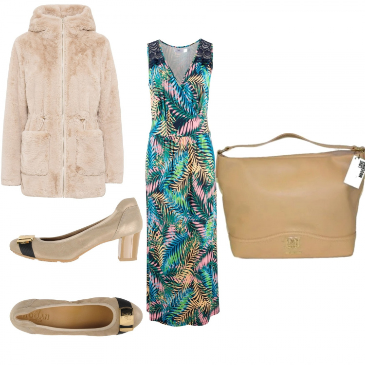 Outfit donna - Jungle style. Stile Trendy per Cerimonia. Abbinamento con ecopellicce, vestiti lunghi, décolleté, borse a mano.
