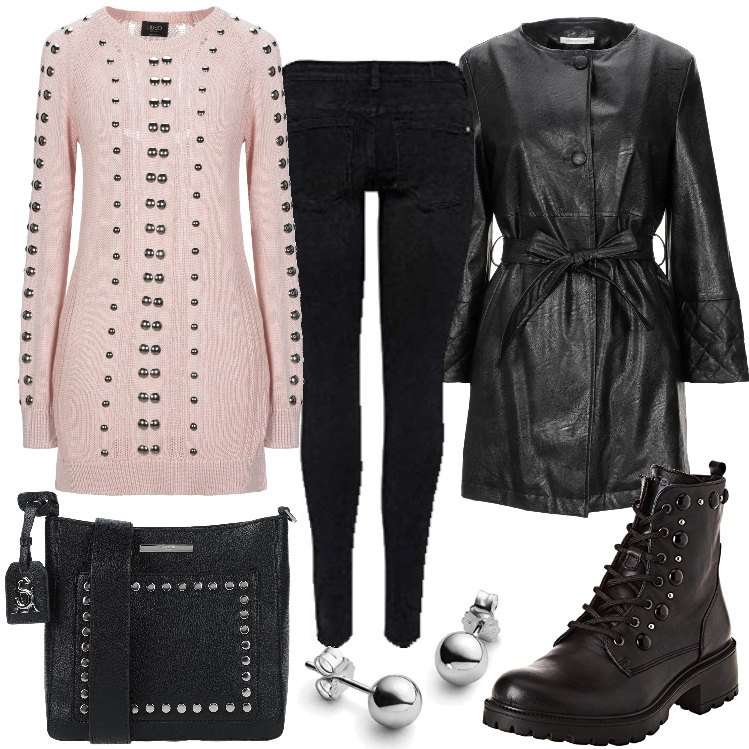 Outfit donna - Monday rock. Stile Rock per Tutti i giorni. Abbinamento con pullovers, cappotti, borse a tracolla, anfibi, pantaloni skinny, orecchini.